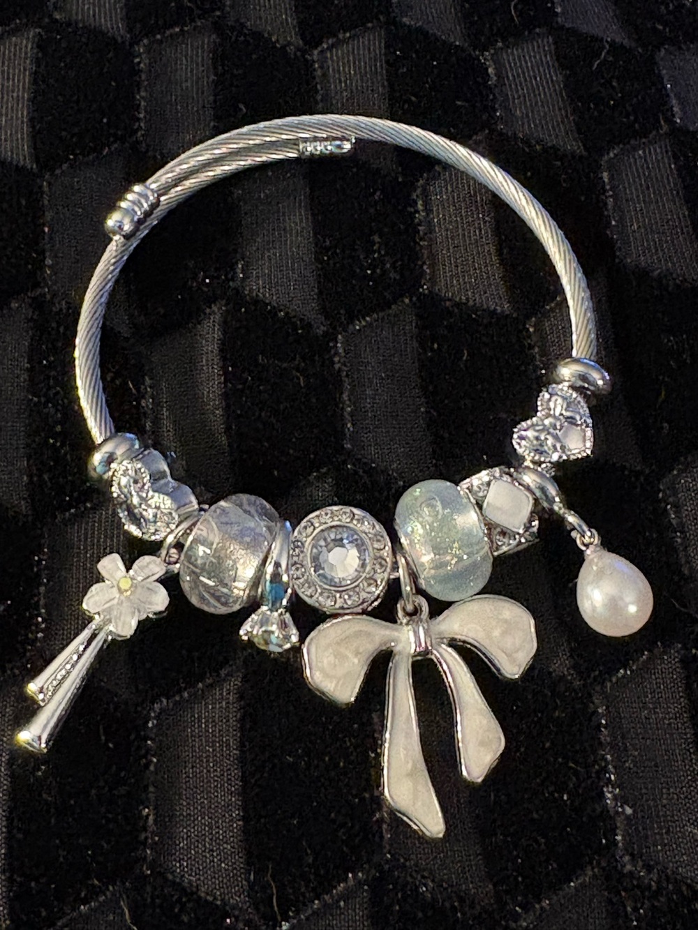 Bracelet- Silver Tone Alloy Charm Bangle Bracelet - Bow,Flowers,Hearts, Diamond